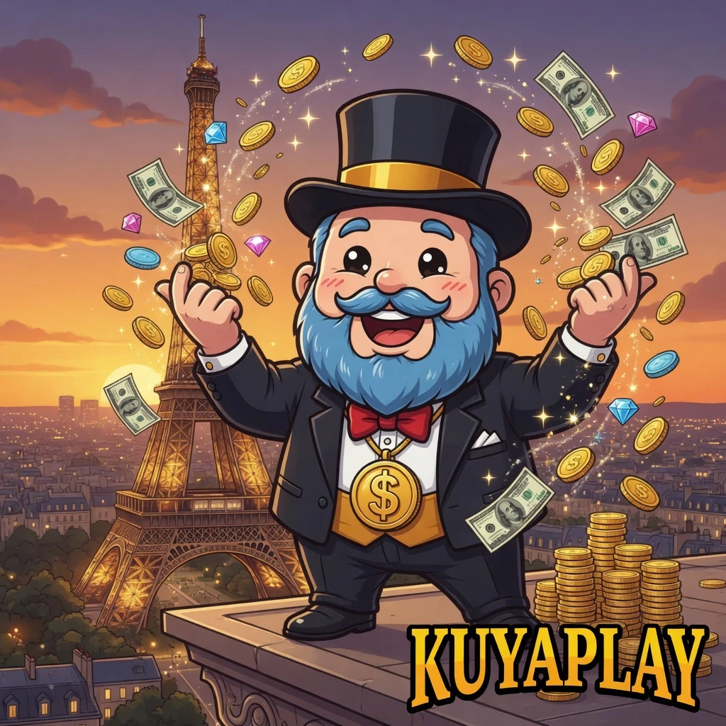A smartphone displaying the KuyaPlay app interface with casino game thumbnails visible on screen, set against a dark background with golden glow effects radiating from the device